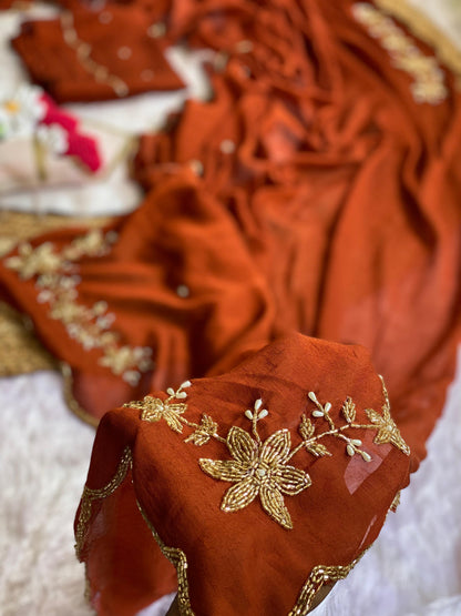 orange Soft Crush Silk Handwork Saree with Butti Work by women shoppee