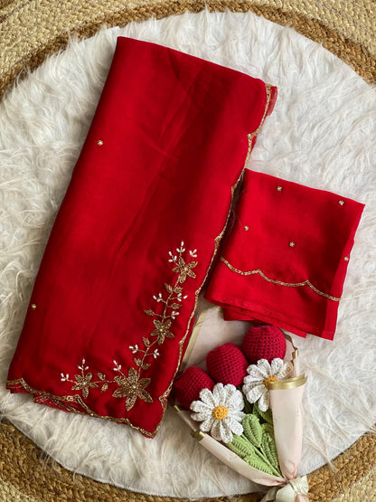 red Soft Crush Silk Handwork Saree with Butti Work by women shoppee