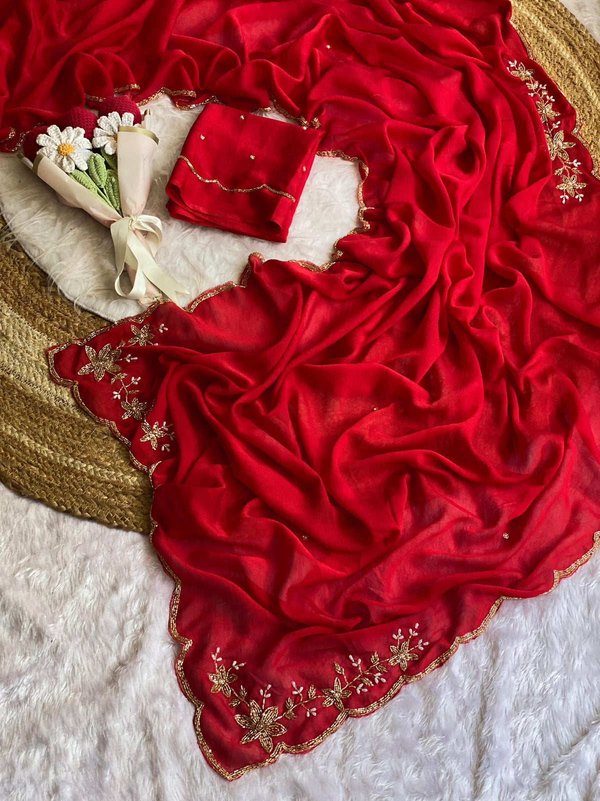 red Soft Crush Silk Handwork Saree with Butti Work by women shoppee