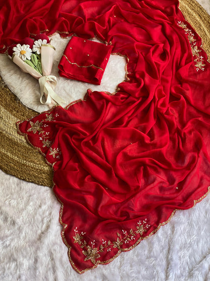 red Soft Crush Silk Handwork Saree with Butti Work by women shoppee