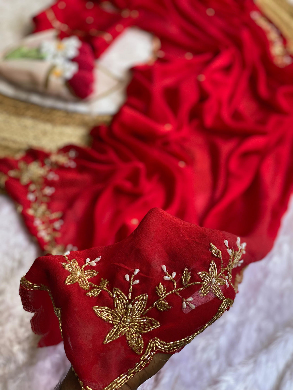 red Soft Crush Silk Handwork Saree with Butti Work by women shoppee