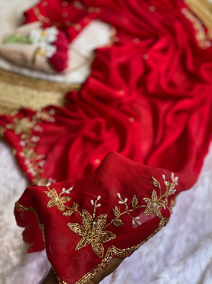 red Soft Crush Silk Handwork Saree with Butti Work by women shoppee
