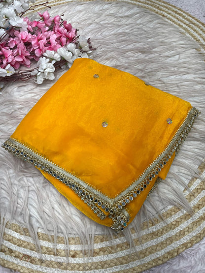 yellow Fandy Satin Sequence Butti Saree with Mirror Lace & Matching Blouse by women shoppee