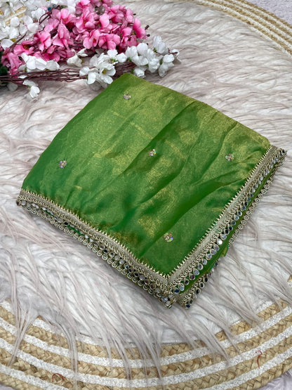 green Fandy Satin Sequence Butti Saree with Mirror Lace & Matching Blouse by women shoppee