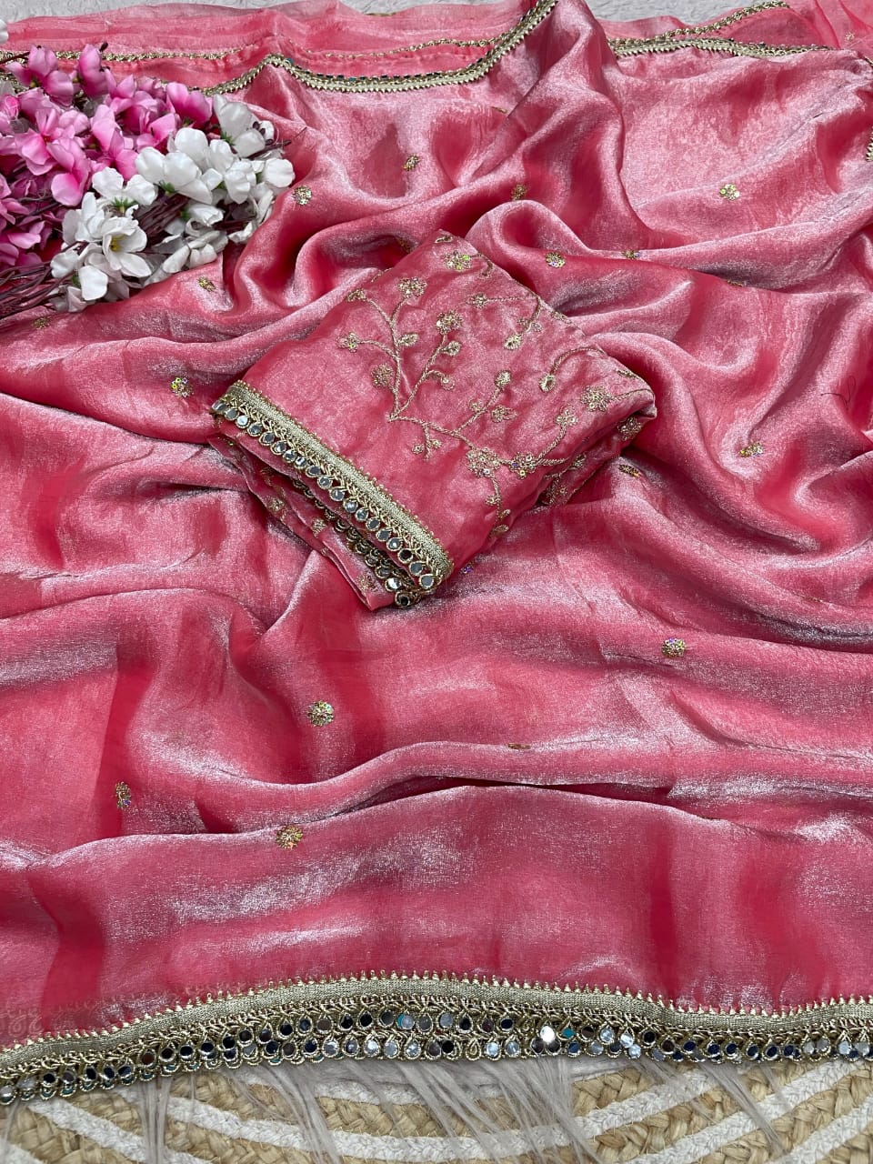 pink Fandy Satin Sequence Butti Saree with Mirror Lace & Matching Blouse by women shoppee