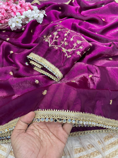 wine Fandy Satin Sequence Butti Saree with Mirror Lace & Matching Blouse by women shoppee