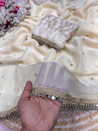 beige Fandy Satin Sequence Butti Saree with Mirror Lace & Matching Blouse by women shoppee