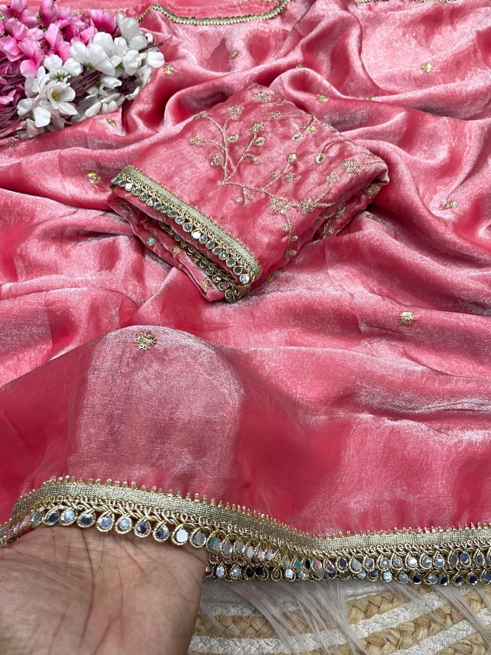 pink Fandy Satin Sequence Butti Saree with Mirror Lace & Matching Blouse by women shoppee