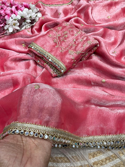pink Fandy Satin Sequence Butti Saree with Mirror Lace & Matching Blouse by women shoppee