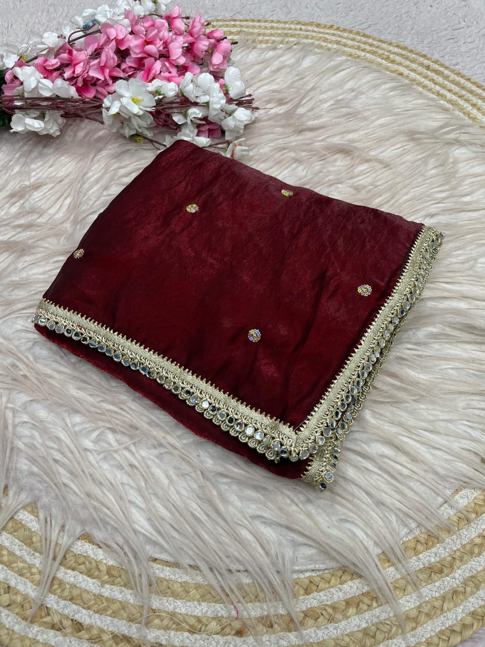maroon Fandy Satin Sequence Butti Saree with Mirror Lace & Matching Blouse by women shoppee