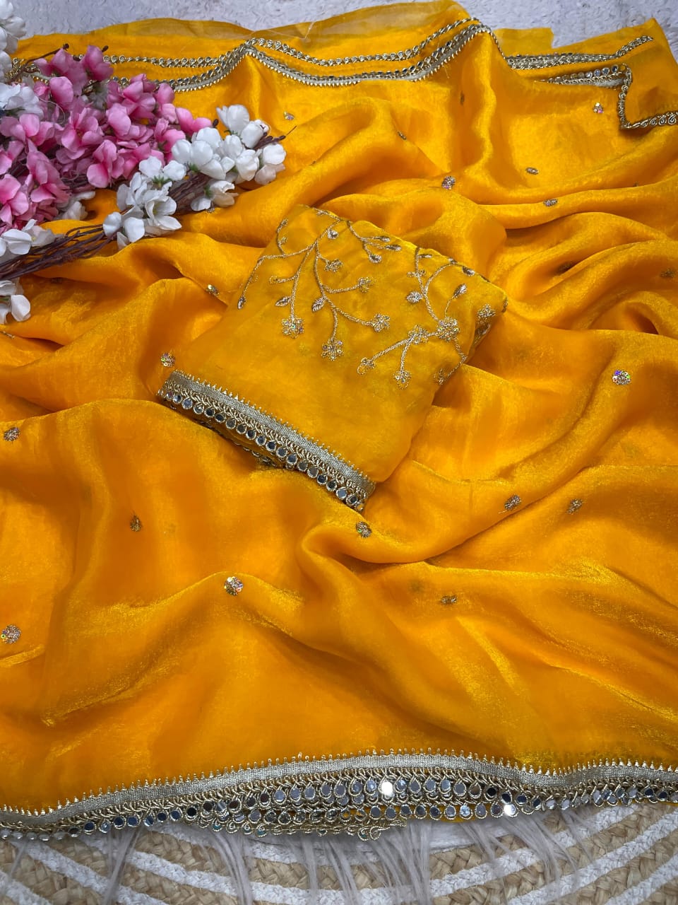 yellow Fandy Satin Sequence Butti Saree with Mirror Lace & Matching Blouse by women shoppee