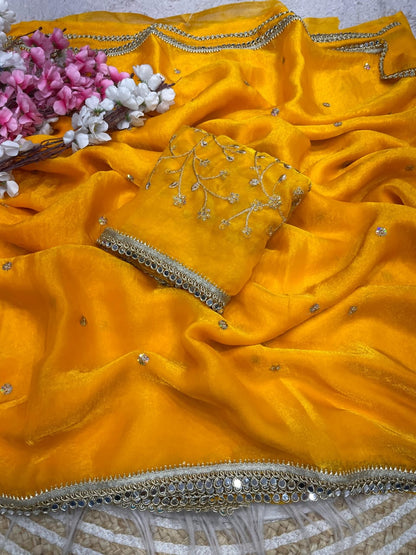 yellow Fandy Satin Sequence Butti Saree with Mirror Lace & Matching Blouse by women shoppee
