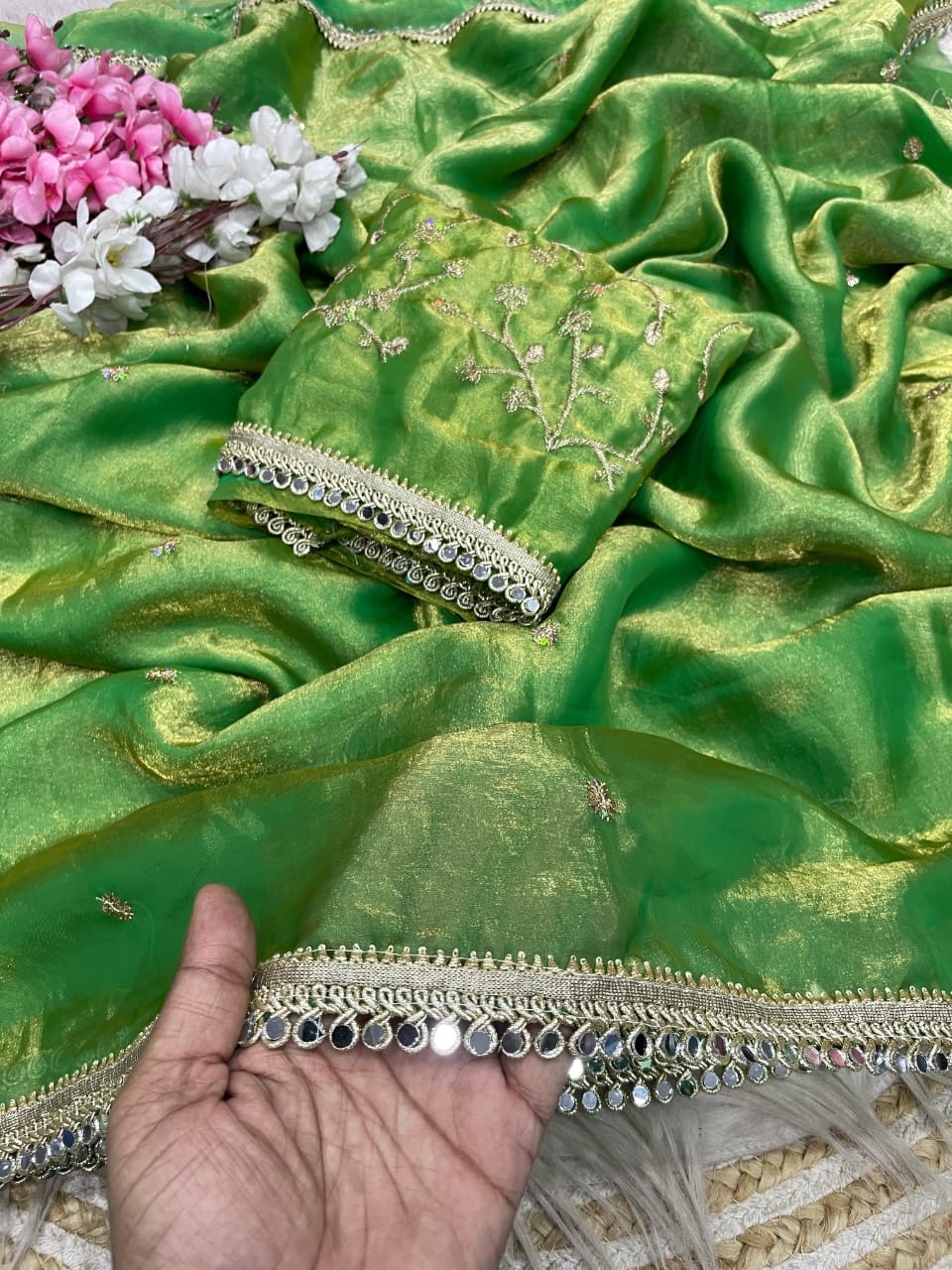 green Fandy Satin Sequence Butti Saree with Mirror Lace & Matching Blouse by women shoppee