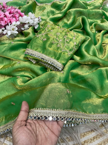 green Fandy Satin Sequence Butti Saree with Mirror Lace & Matching Blouse by women shoppee