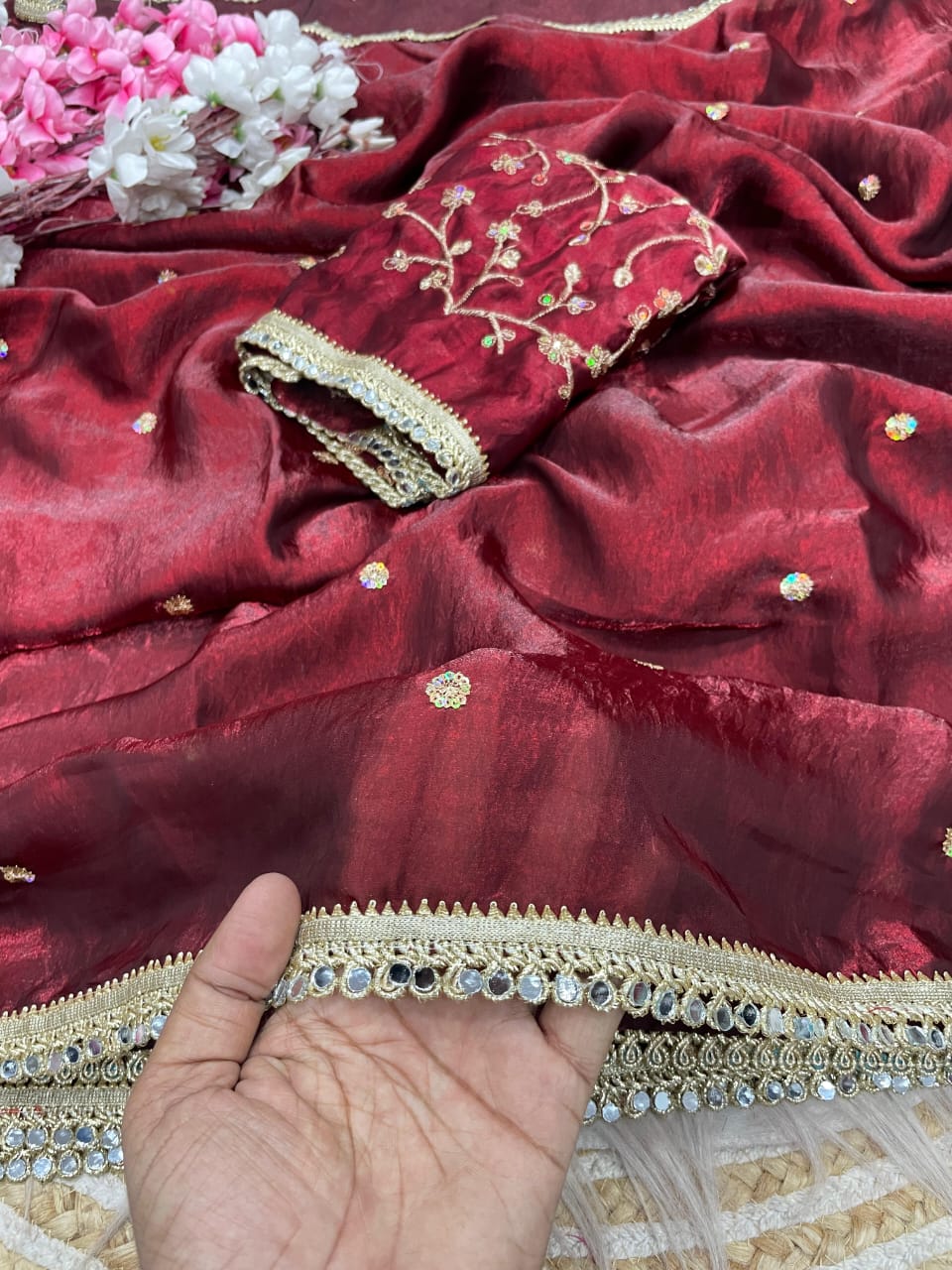 maroon Fandy Satin Sequence Butti Saree with Mirror Lace & Matching Blouse by women shoppee