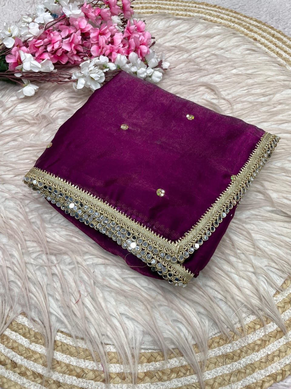 wine Fandy Satin Sequence Butti Saree with Mirror Lace & Matching Blouse by women shoppee