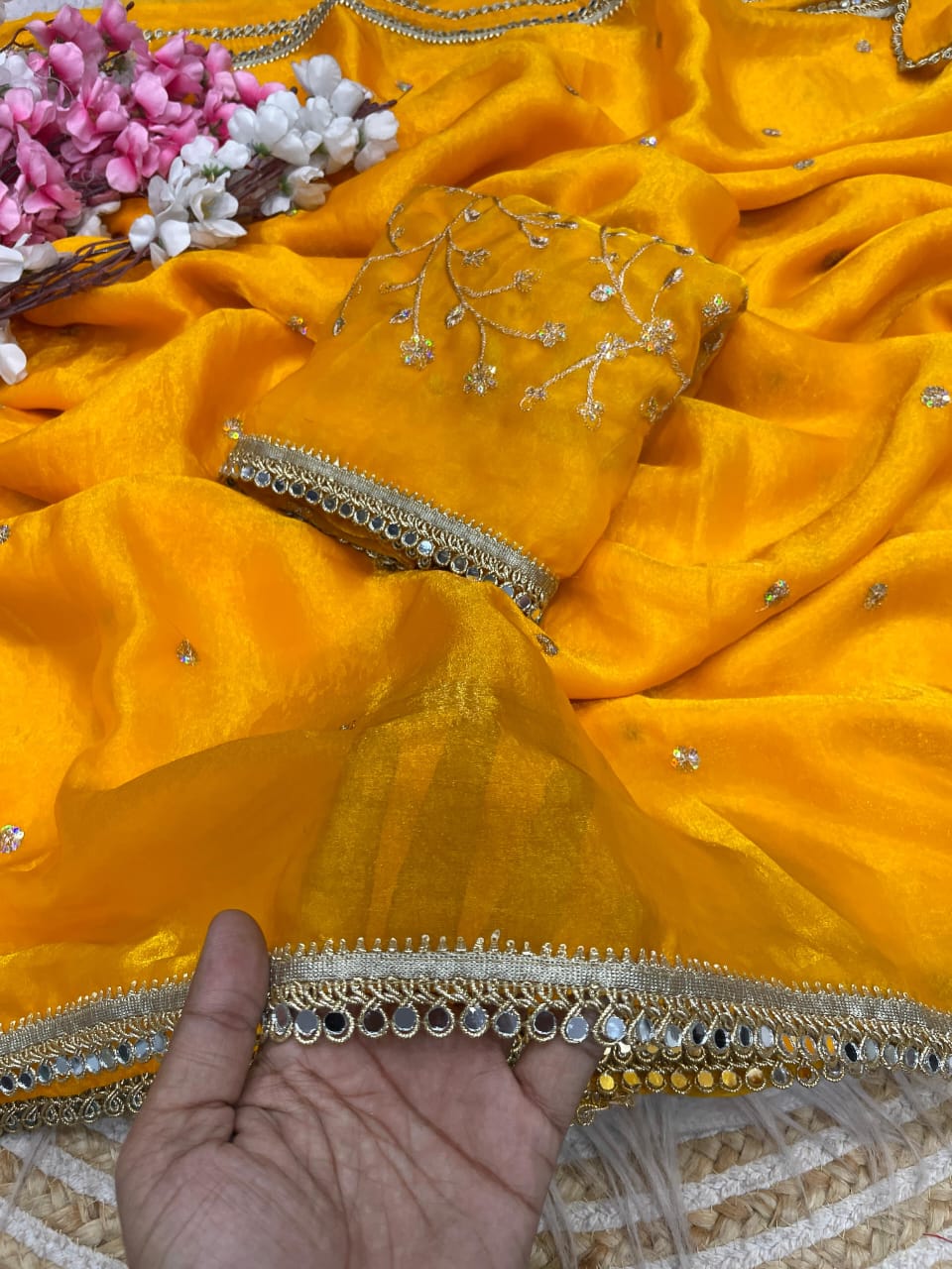 yellow Fandy Satin Sequence Butti Saree with Mirror Lace & Matching Blouse by women shoppee