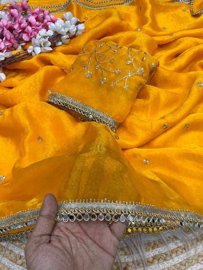 yellow Fandy Satin Sequence Butti Saree with Mirror Lace & Matching Blouse by women shoppee