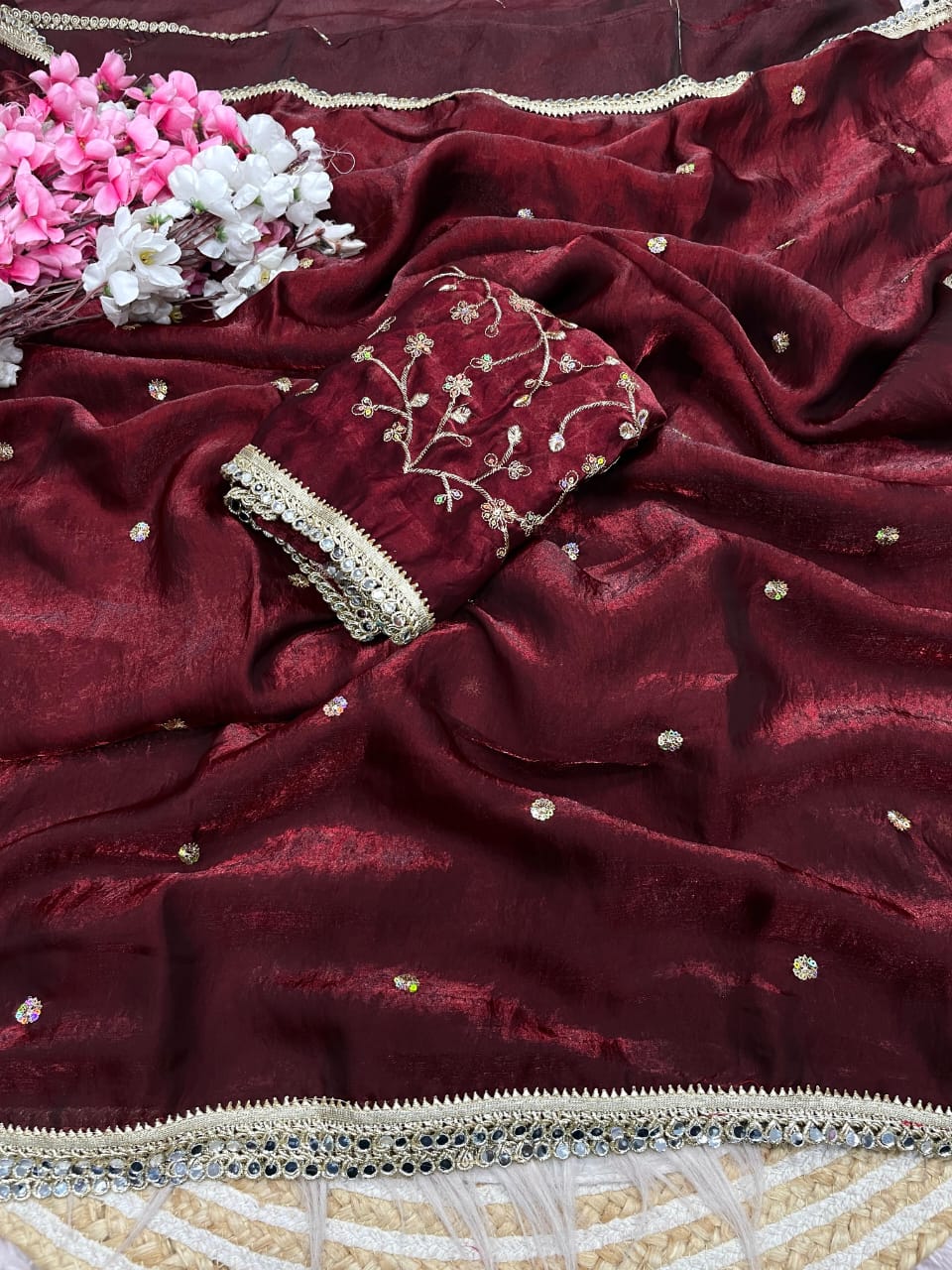maroon Fandy Satin Sequence Butti Saree with Mirror Lace & Matching Blouse by women shoppee