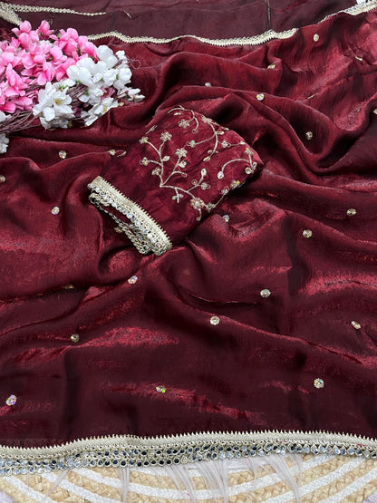maroon Fandy Satin Sequence Butti Saree with Mirror Lace & Matching Blouse by women shoppee