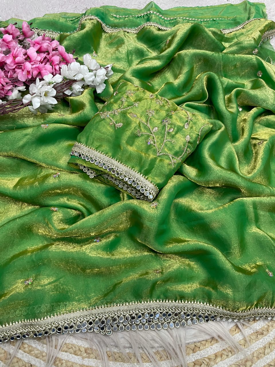 green Fandy Satin Sequence Butti Saree with Mirror Lace & Matching Blouse by women shoppee