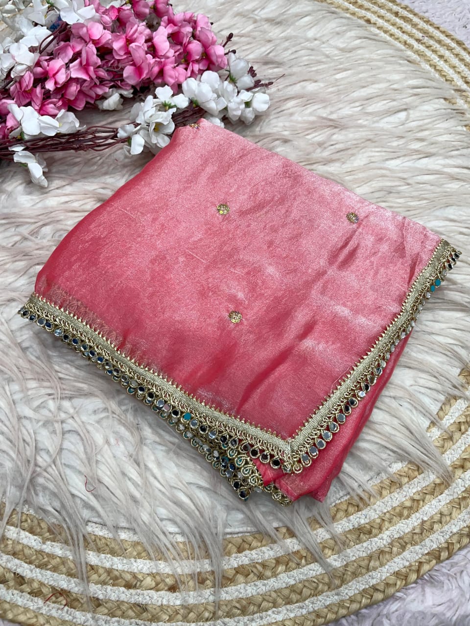 pink Fandy Satin Sequence Butti Saree with Mirror Lace & Matching Blouse by women shoppee