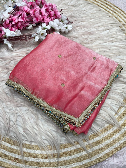 pink Fandy Satin Sequence Butti Saree with Mirror Lace & Matching Blouse by women shoppee