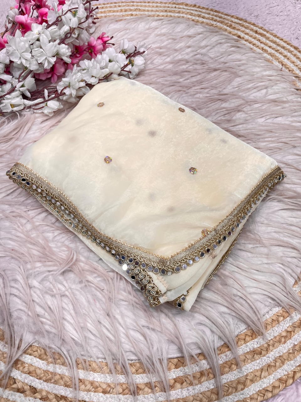 beige Fandy Satin Sequence Butti Saree with Mirror Lace & Matching Blouse by women shoppee