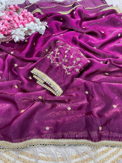 wine Fandy Satin Sequence Butti Saree with Mirror Lace & Matching Blouse by women shoppee