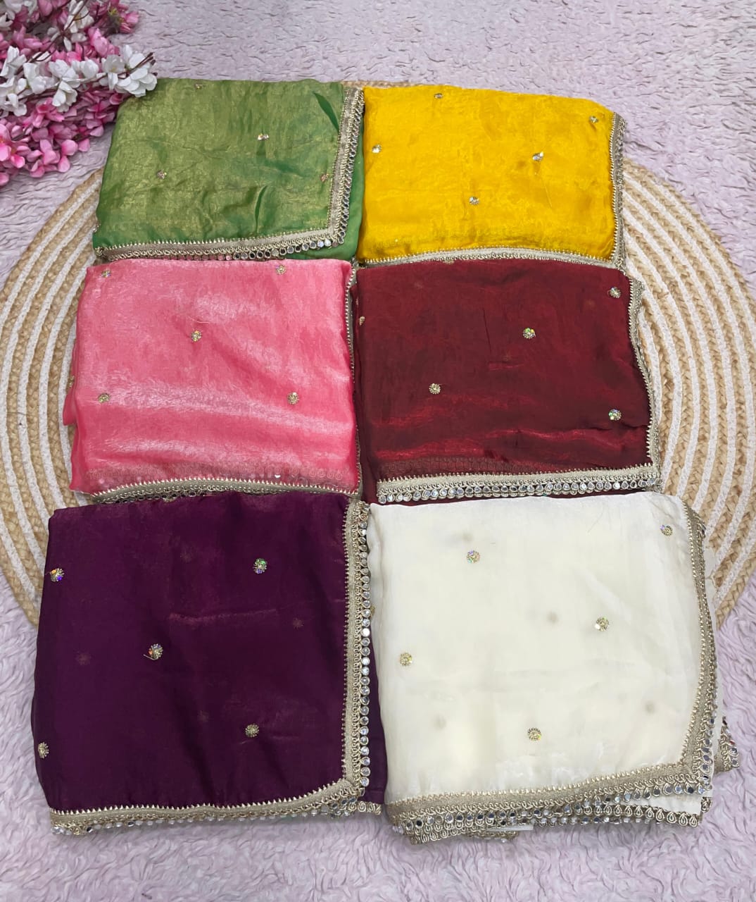 Fandy Satin Sequence Butti Saree with Mirror Lace & Matching Blouse by women shoppee