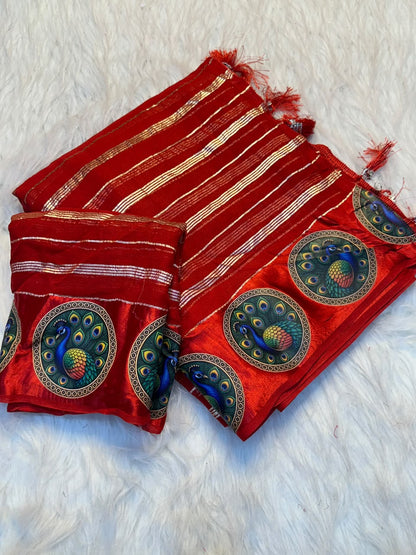 red Red Special Pure Viscose Georgette Saree with Saubhagyavati Bhau Print & Satin Border by women shoppee