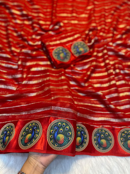 red Red Special Pure Viscose Georgette Saree with Saubhagyavati Bhau Print & Satin Border by women shoppee
