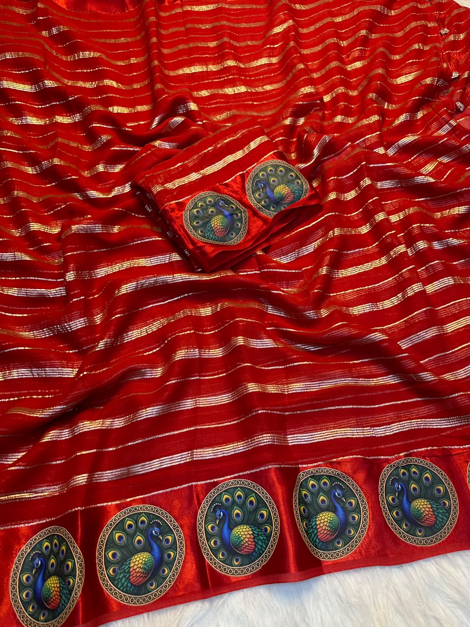 red Red Special Pure Viscose Georgette Saree with Saubhagyavati Bhau Print & Satin Border by women shoppee