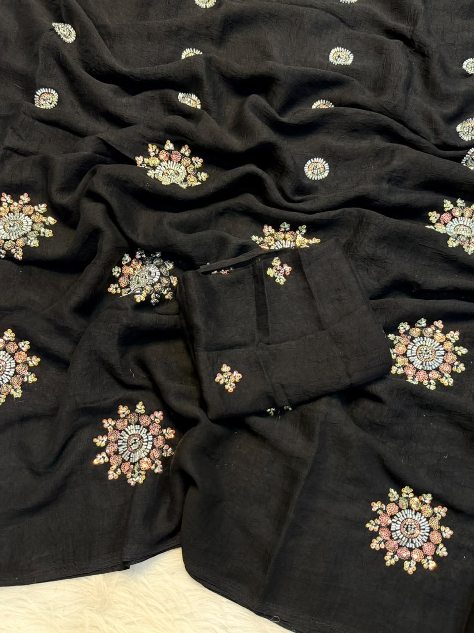 black Rangoli Crush Silk Saree with Hand Sequins, Beads Work by women shoppee