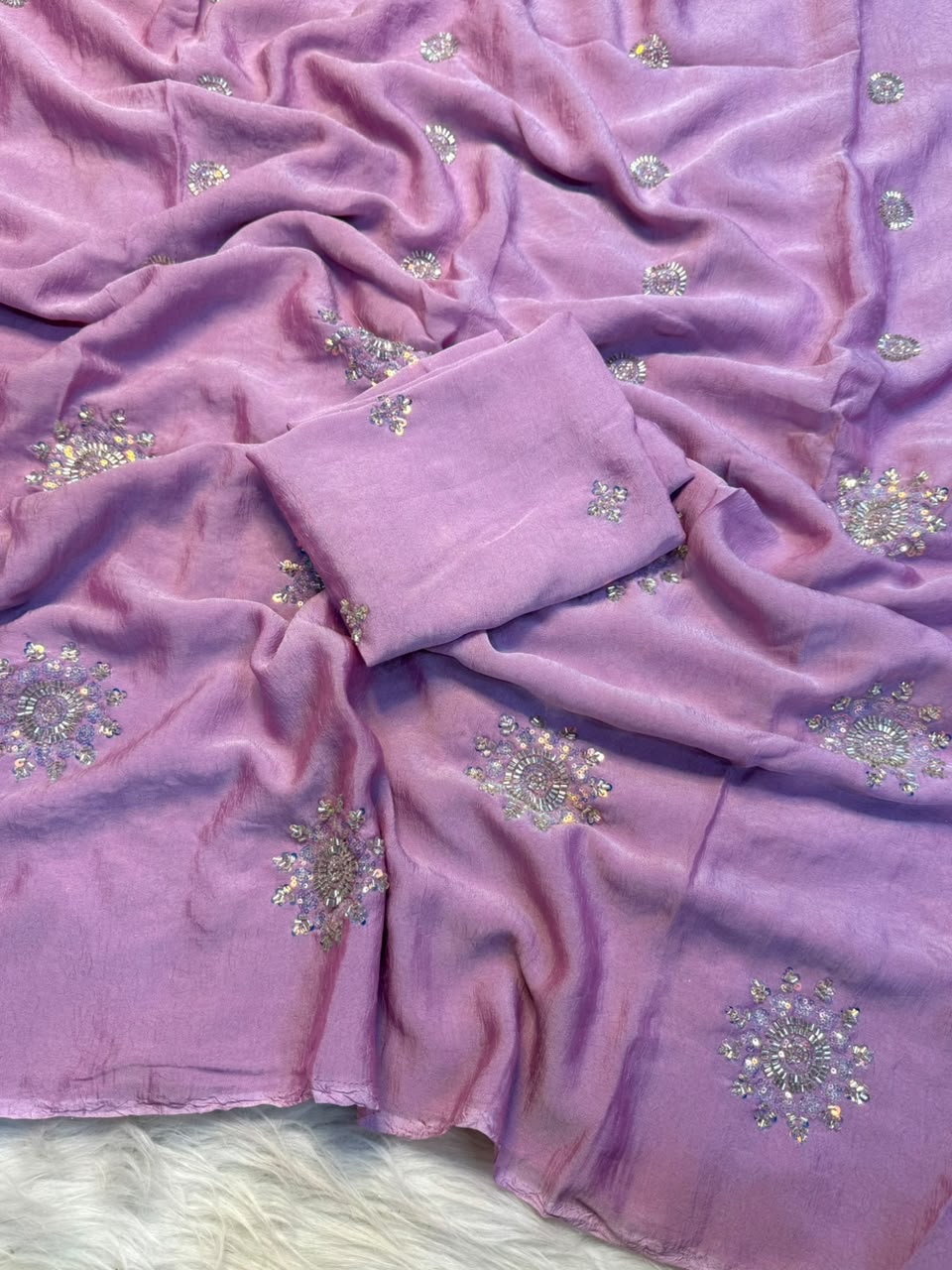 lavender Rangoli Crush Silk Saree with Hand Sequins, Beads Work by women shoppee