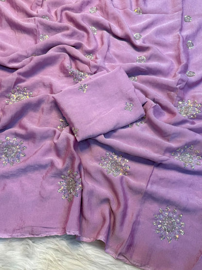 lavender Rangoli Crush Silk Saree with Hand Sequins, Beads Work by women shoppee