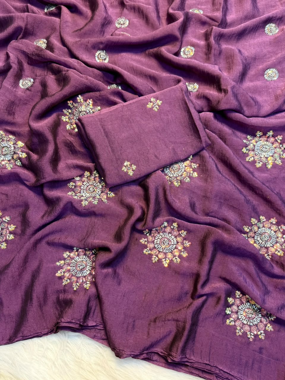 onion Rangoli Crush Silk Saree with Hand Sequins, Beads Work by women shoppee