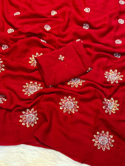 red Rangoli Crush Silk Saree with Hand Sequins, Beads Work by women shoppee