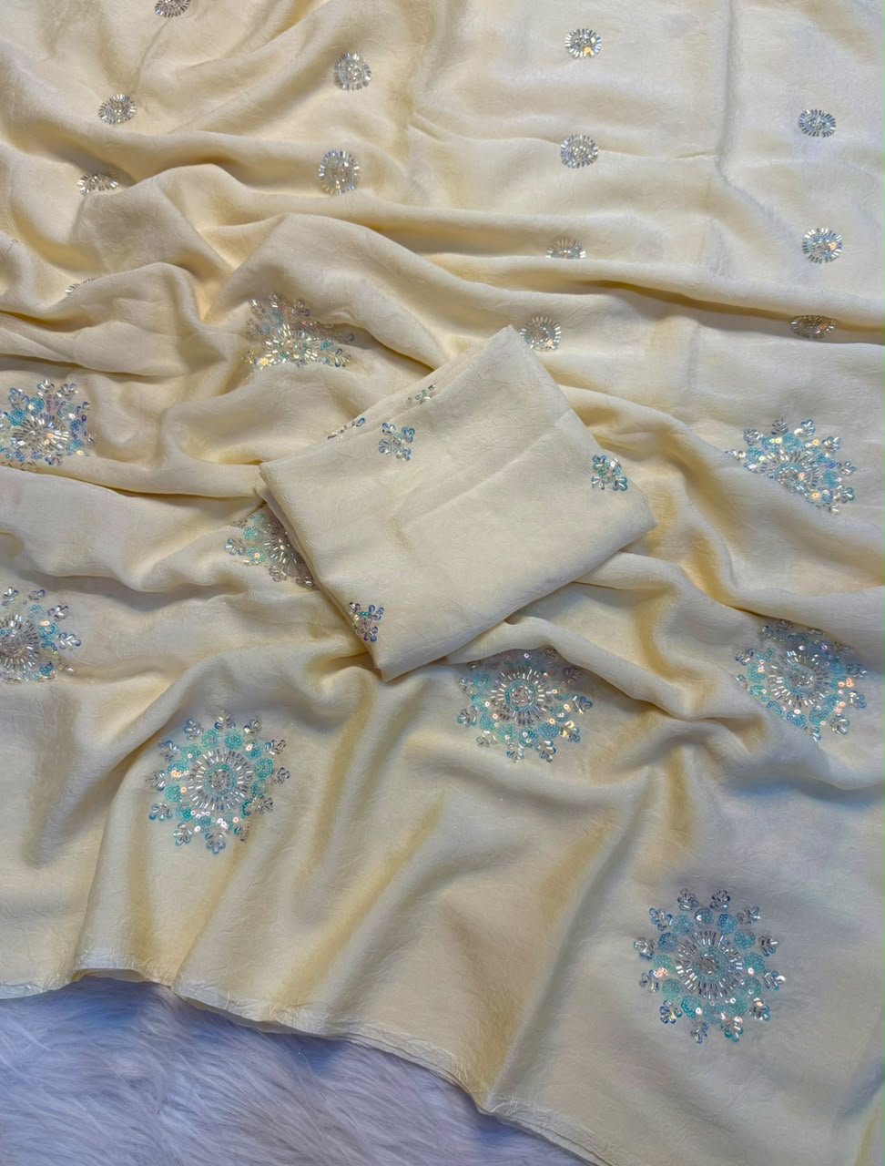 beige Rangoli Crush Silk Saree with Hand Sequins, Beads Work by women shoppee