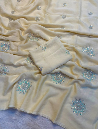 beige Rangoli Crush Silk Saree with Hand Sequins, Beads Work by women shoppee