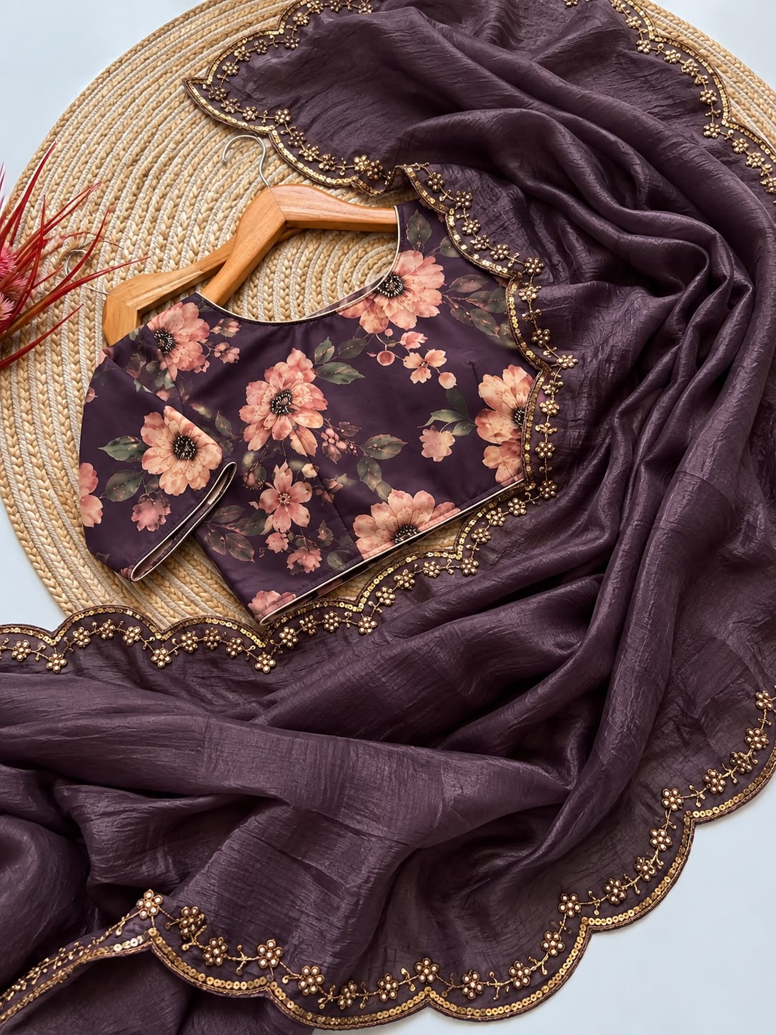 Soft Silk Saree with All-Over Handwork & Printed Georgette Silk Blouse by women shoppee