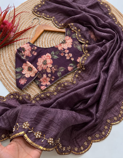 Soft Silk Saree with All-Over Handwork & Printed Georgette Silk Blouse by women shoppee