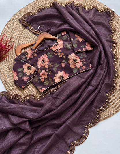 Soft Silk Saree with All-Over Handwork & Printed Georgette Silk Blouse by women shoppee