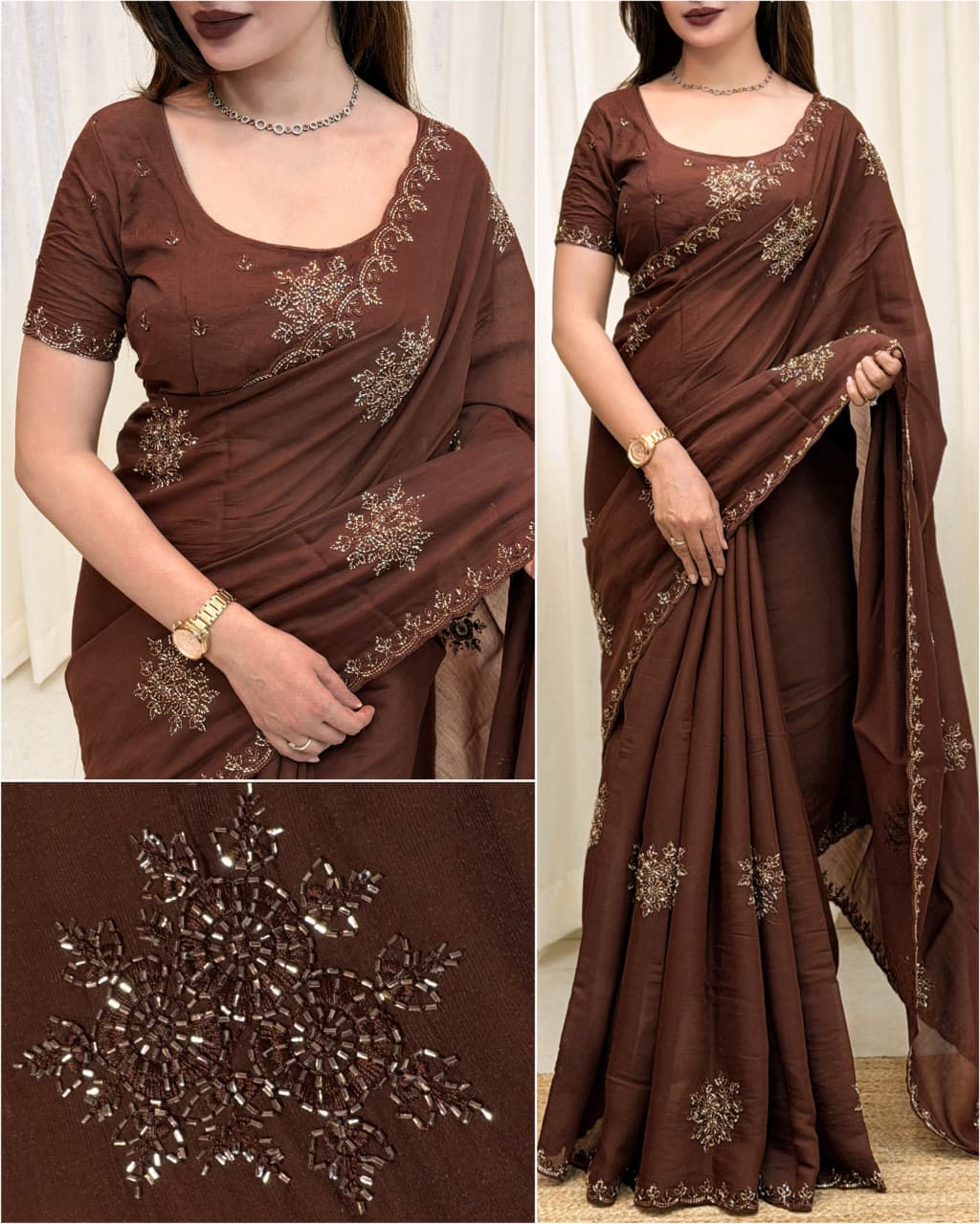 brown Graceful Brown Mul Chiffon Party Wear Saree with Sequins & Beads Embroidery by women shoppee