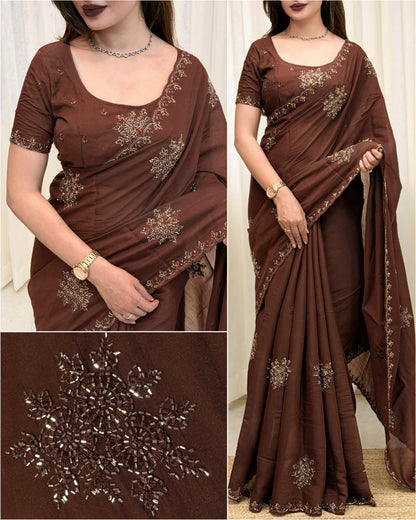 brown Graceful Brown Mul Chiffon Party Wear Saree with Sequins & Beads Embroidery by women shoppee