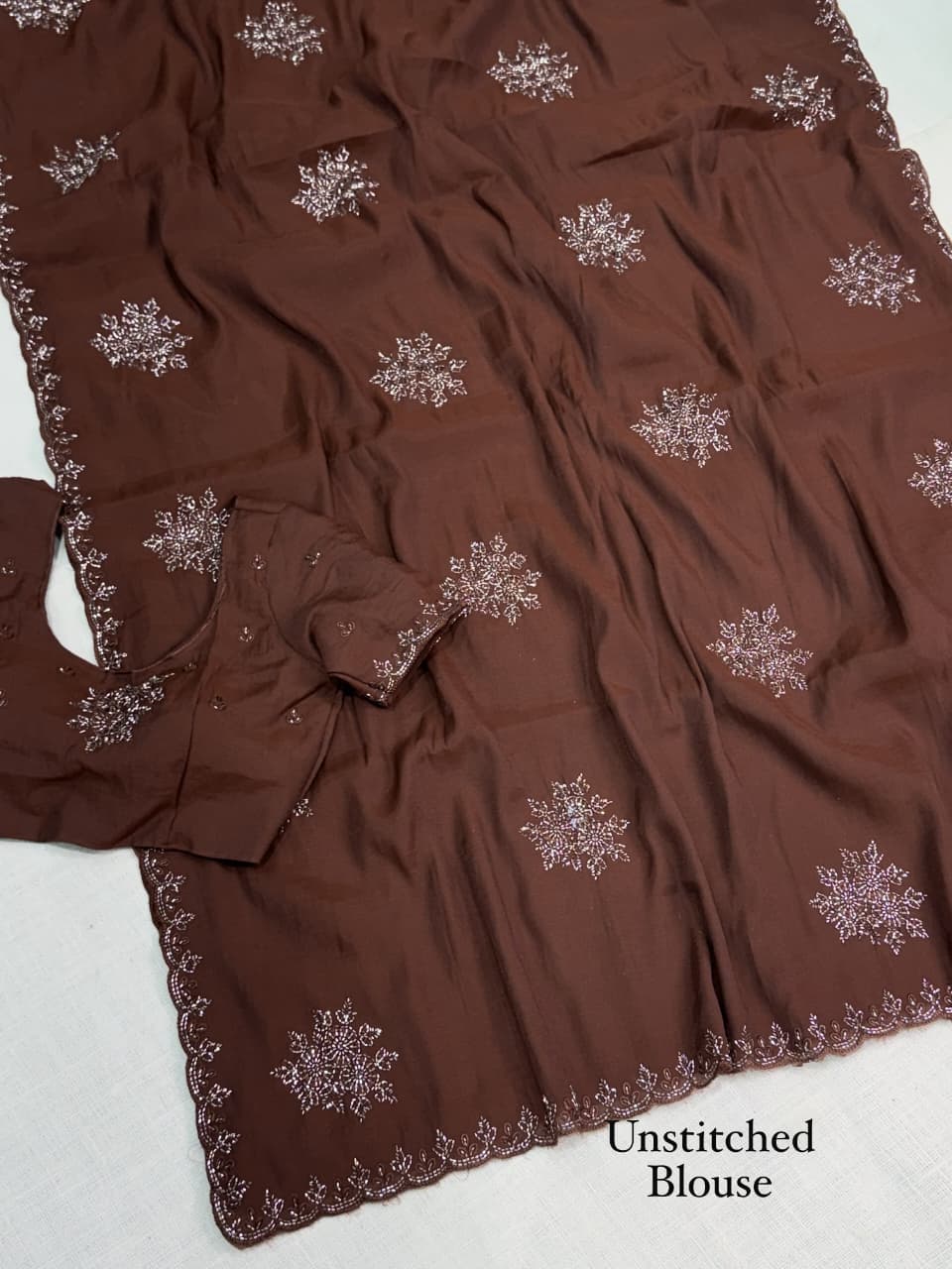 brown Graceful Brown Mul Chiffon Party Wear Saree with Sequins & Beads Embroidery by women shoppee