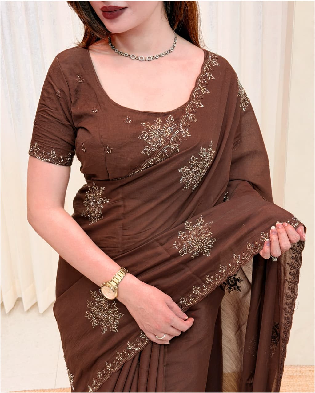 brown Graceful Brown Mul Chiffon Party Wear Saree with Sequins & Beads Embroidery by women shoppee