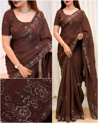 brown Graceful Brown Mul Chiffon Party Wear Saree with Sequins & Beads Embroidery by women shoppee