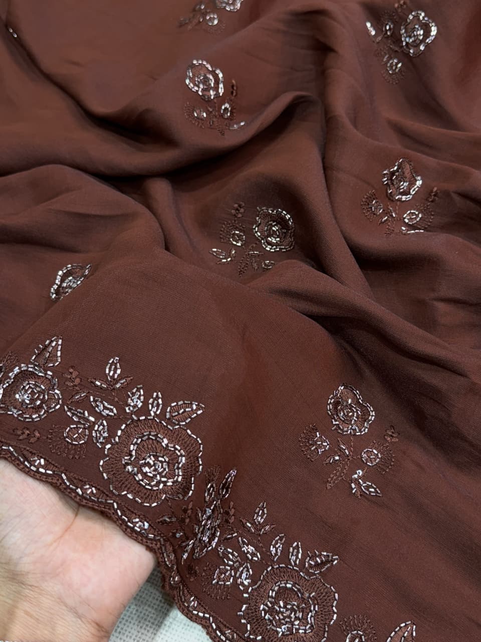 Graceful Brown Mul Chiffon Party Wear Saree with Sequins & Beads Embroidery