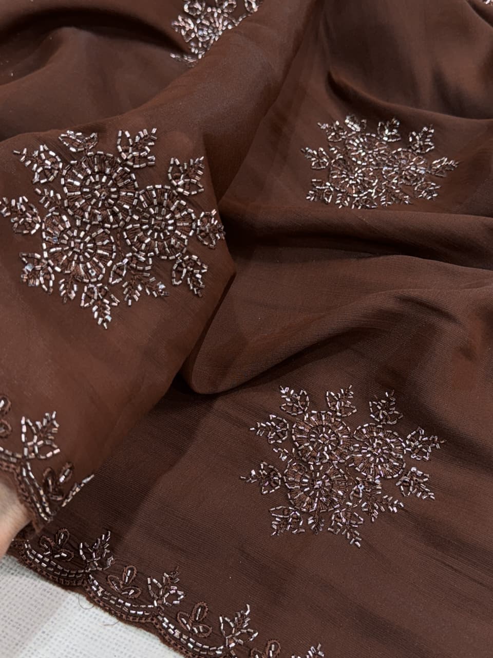 brown Graceful Brown Mul Chiffon Party Wear Saree with Sequins & Beads Embroidery by women shoppee